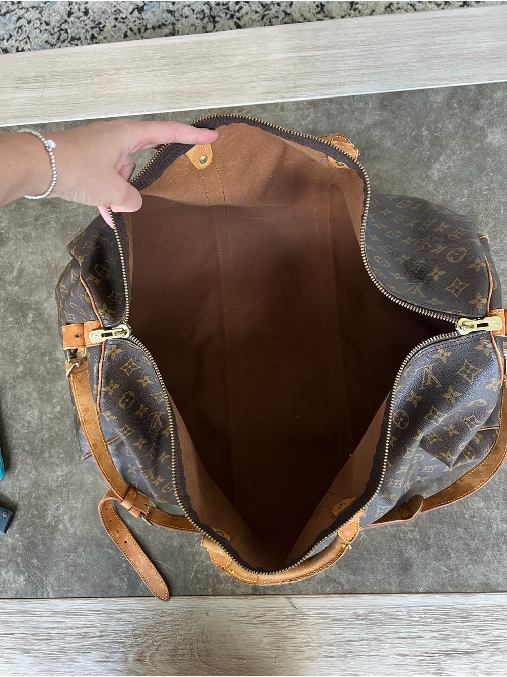 Louis Vuitton Brown Monogram Travel Duffel with Tan Leather Trim - Picture 6 of 7